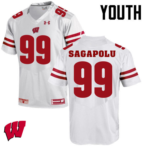 Youth Wisconsin Badgers #65 Olive Sagapolu College Football Jerseys-White - Click Image to Close
